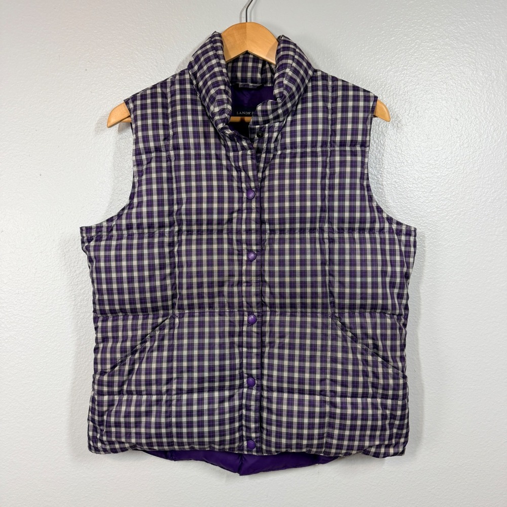 Lands' End Puffer Vest Women M 10-12 Purple Plaid Down Insulated Snap Front